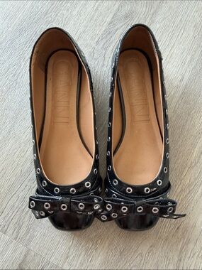 Ganni Black Patent Leather Eyelet Bow Ballet Flats